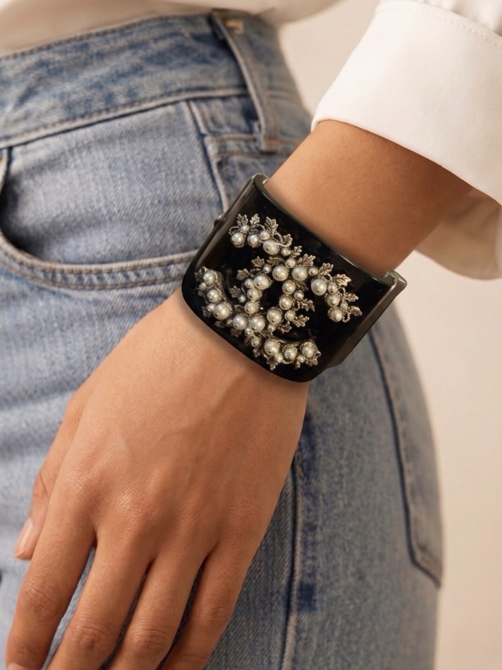 CHANEL Pearl  & Crystal black resin  Cuff Bracelet